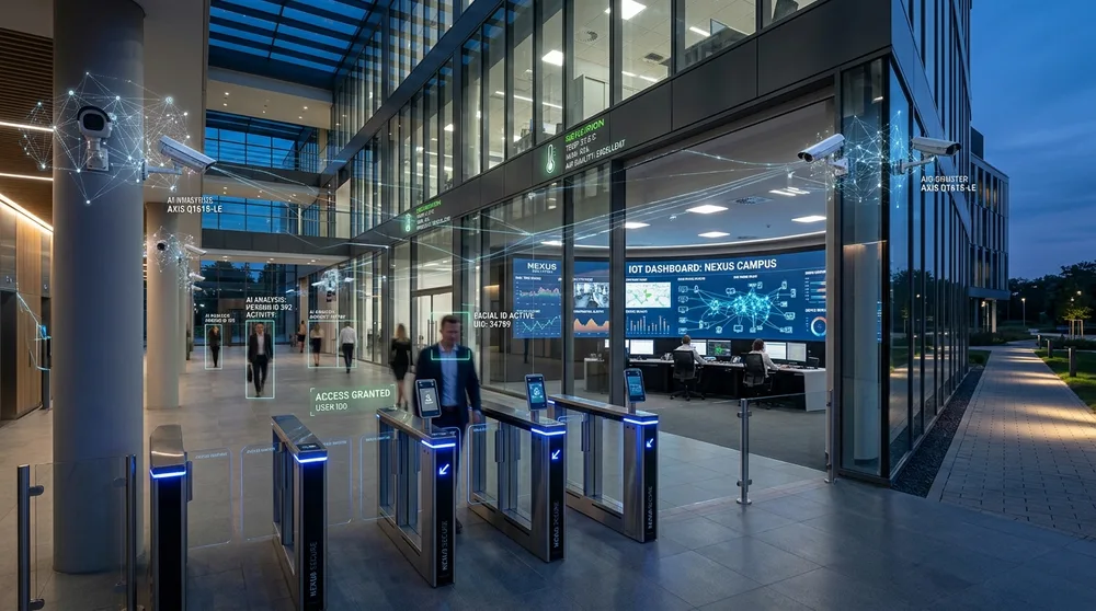 Intelligent IoT smart facility with AI CCTV analytics, access control gates, and centralized monitoring